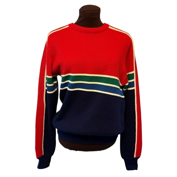 Vintage Claybrooke Mens Red Stripe Green & Blue Ski Sweater, size Medium - Picture 3 of 9
